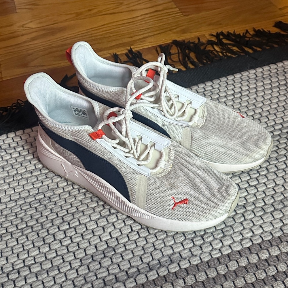 Puma Men's Cream and Navy Sneakers with Orange Accents